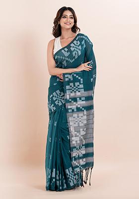 Teal Blue Printed Cotton Saree Set