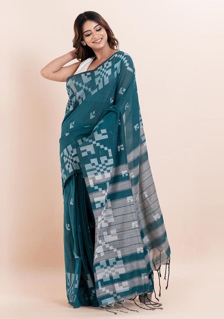 Teal Blue Printed Cotton Saree Set