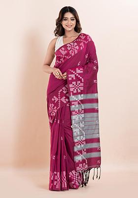 Magenta Pink Printed Cotton Saree Set