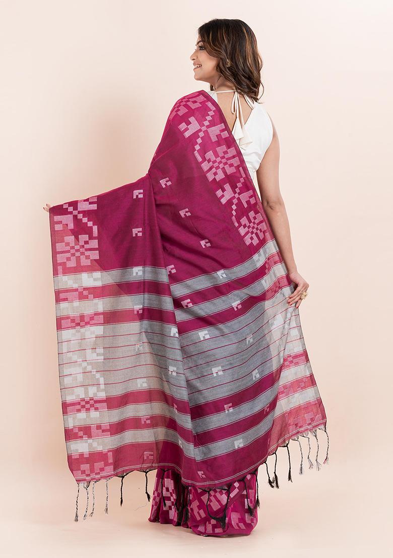 Magenta Pink Printed Cotton Saree Set