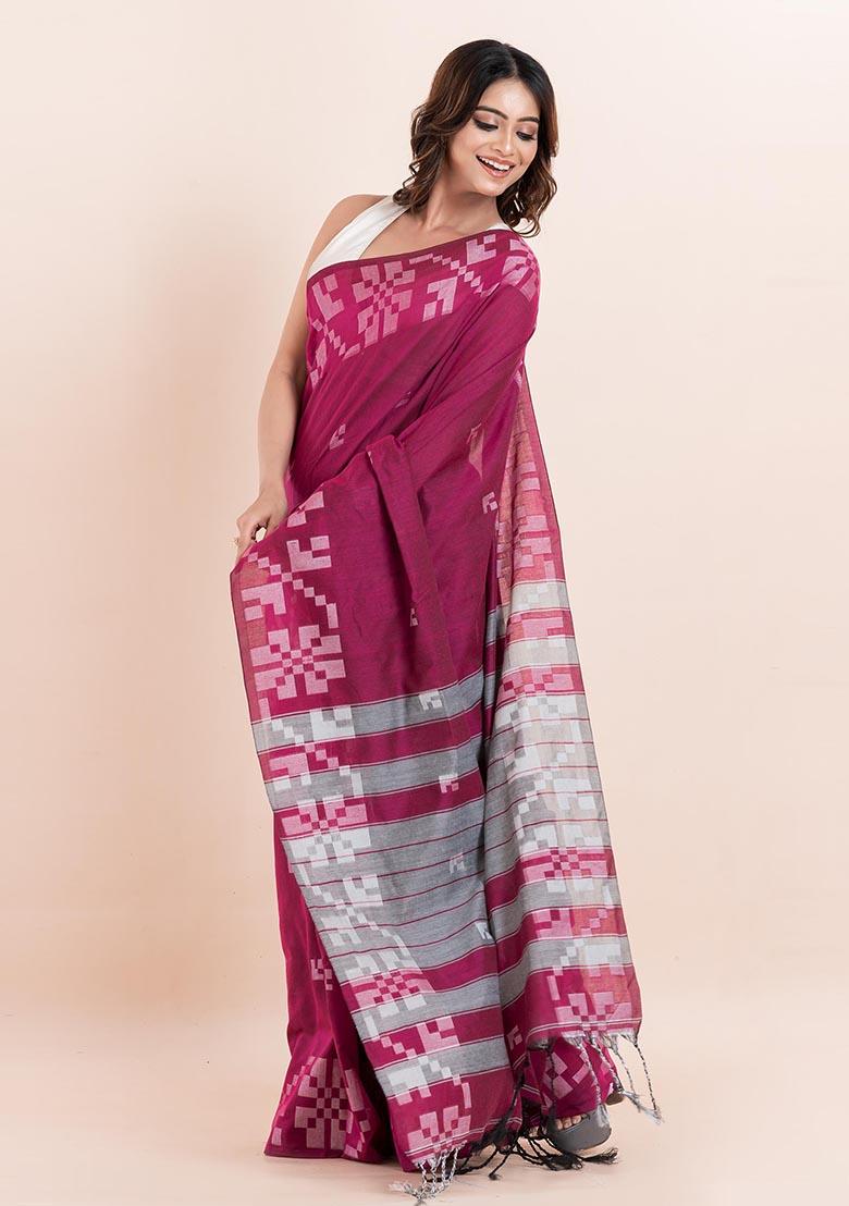 Magenta Pink Printed Cotton Saree Set