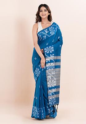Blue Printed Cotton Saree Set