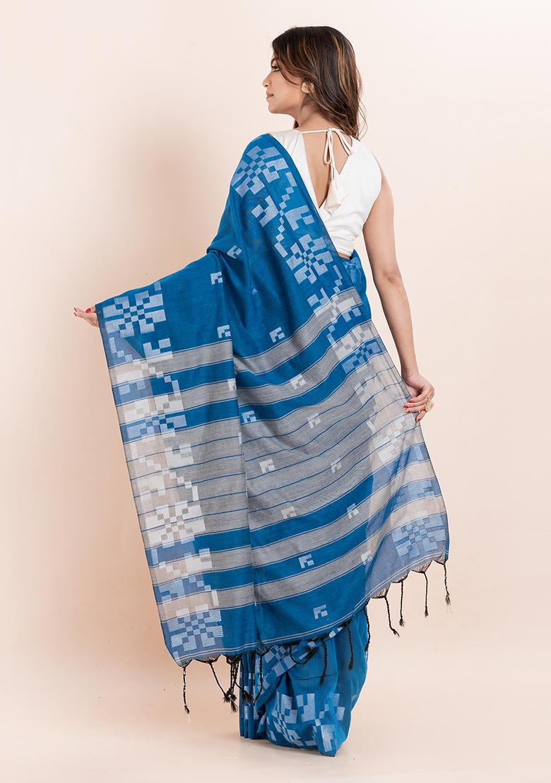 Blue Printed Cotton Saree Set