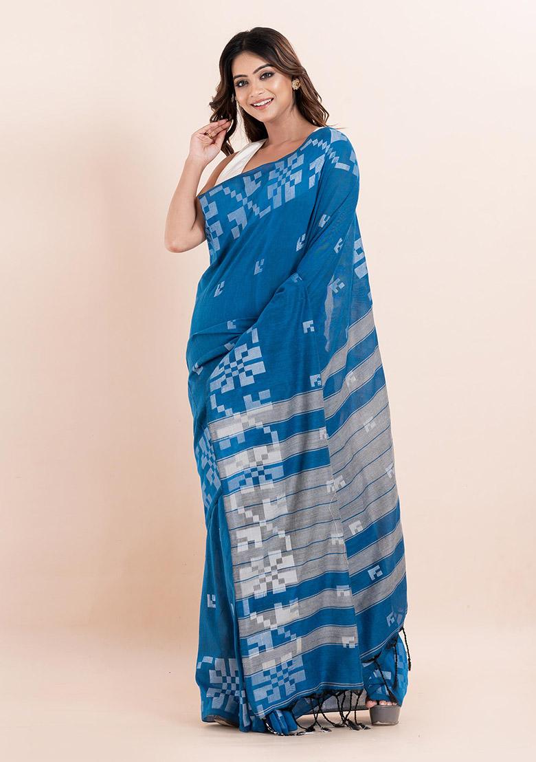 Blue Printed Cotton Saree Set