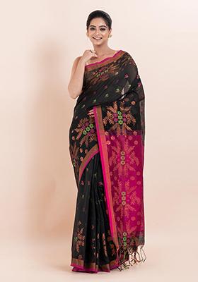 Black Embroidered Cotton Saree Set
