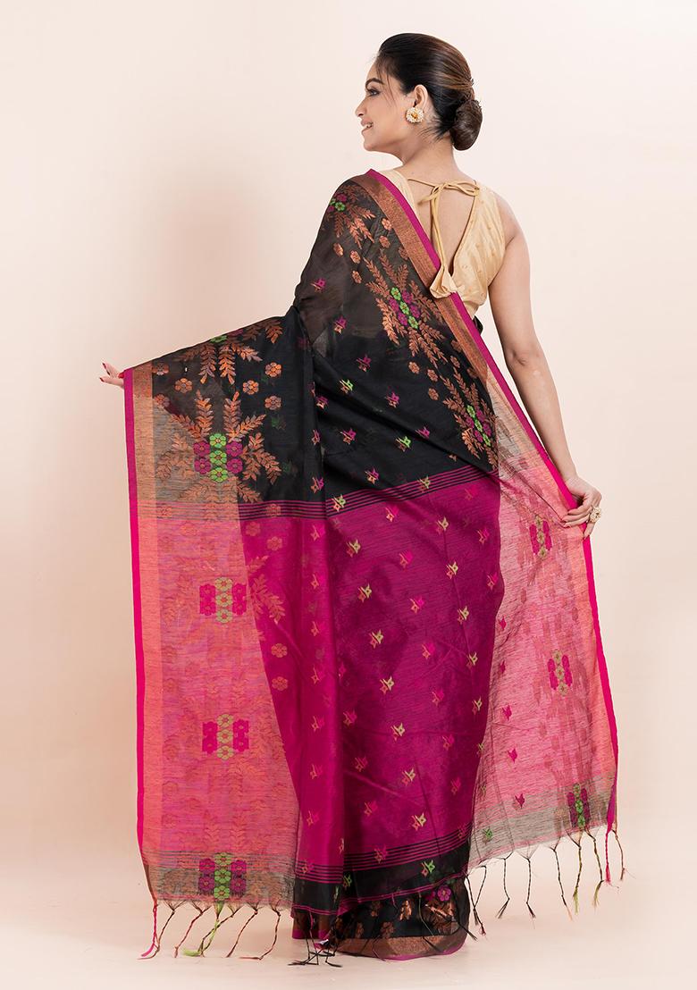 Black Embroidered Cotton Saree Set