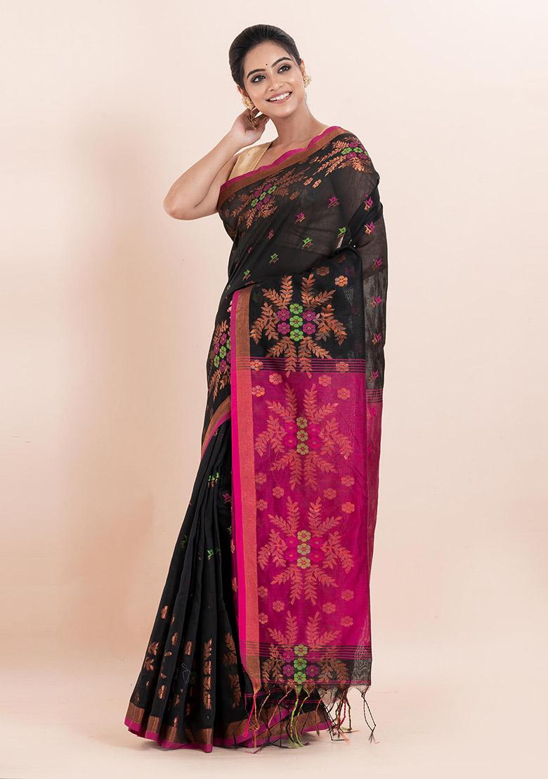 Black Embroidered Cotton Saree Set