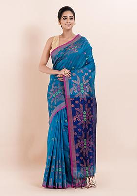 Teal Blue Embroidered Cotton Saree Set