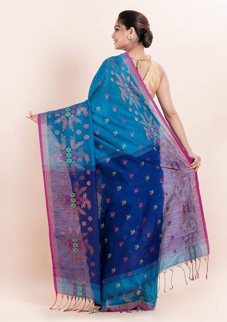 Teal Blue Embroidered Cotton Saree Set