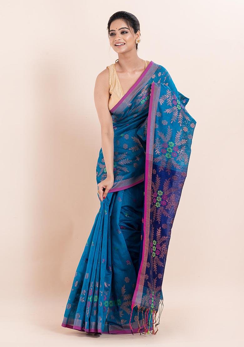 Teal Blue Embroidered Cotton Saree Set