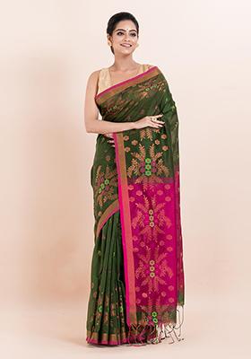 Green Embroidered Cotton Saree Set