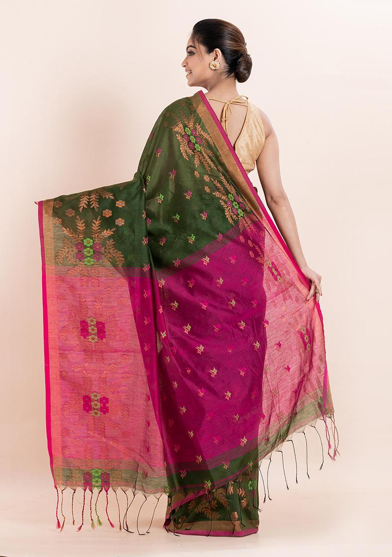 Green Embroidered Cotton Saree Set