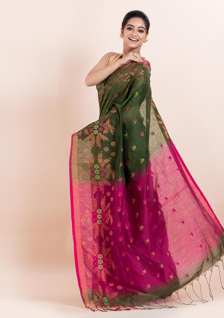 Green Embroidered Cotton Saree Set