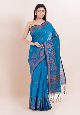 Blue Embroidered Cotton Saree Set