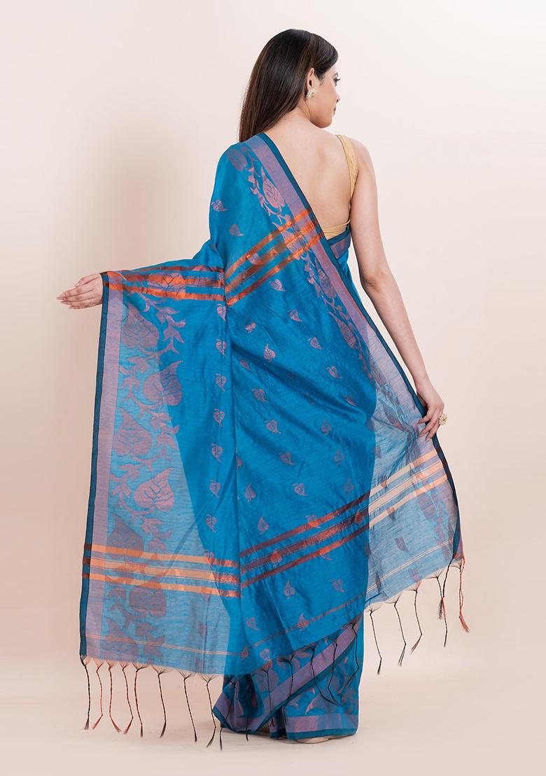 Blue Embroidered Cotton Saree Set