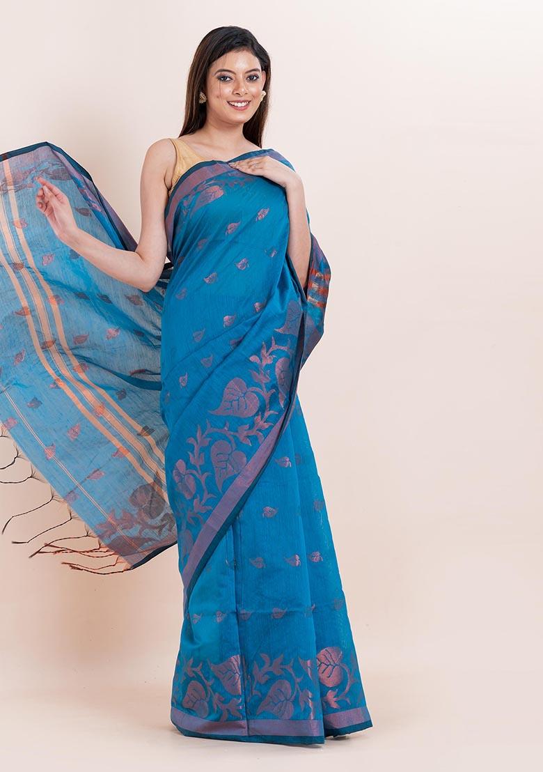 Blue Embroidered Cotton Saree Set