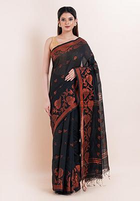 Black Embroidered Cotton Saree Set
