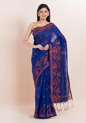 Blue Embroidered Cotton Saree Set