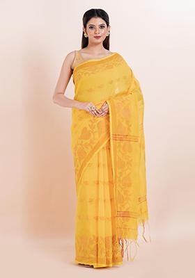 Yellow Embroidered Cotton Saree Set