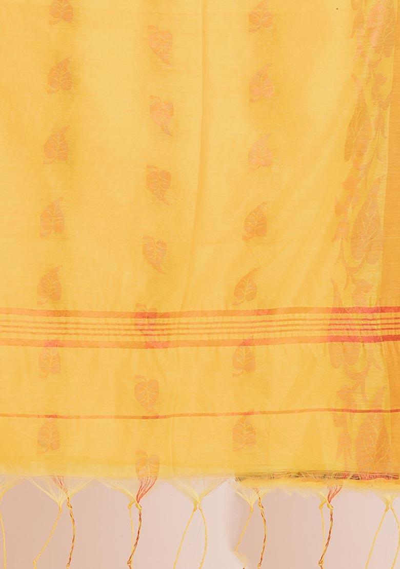 Yellow Embroidered Cotton Saree Set