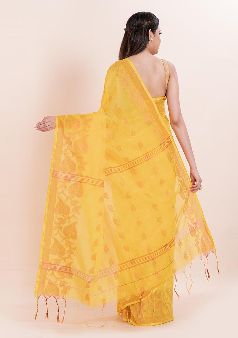 Yellow Embroidered Cotton Saree Set