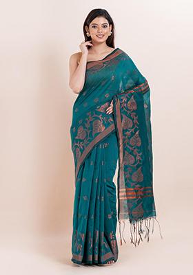 Green Embroidered Cotton Saree Set