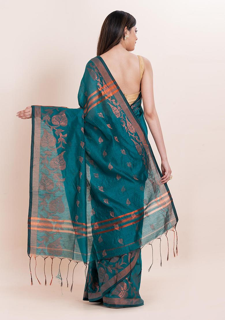 Green Embroidered Cotton Saree Set