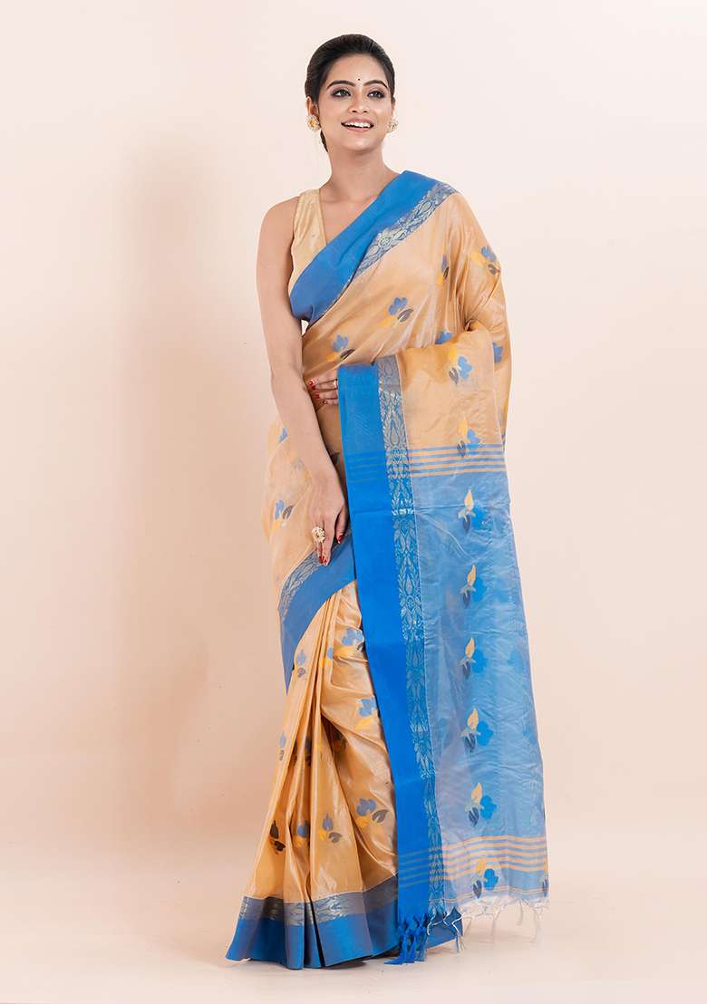 Beige Embroidered Blended Silk Saree (Without Blouse) - Indya