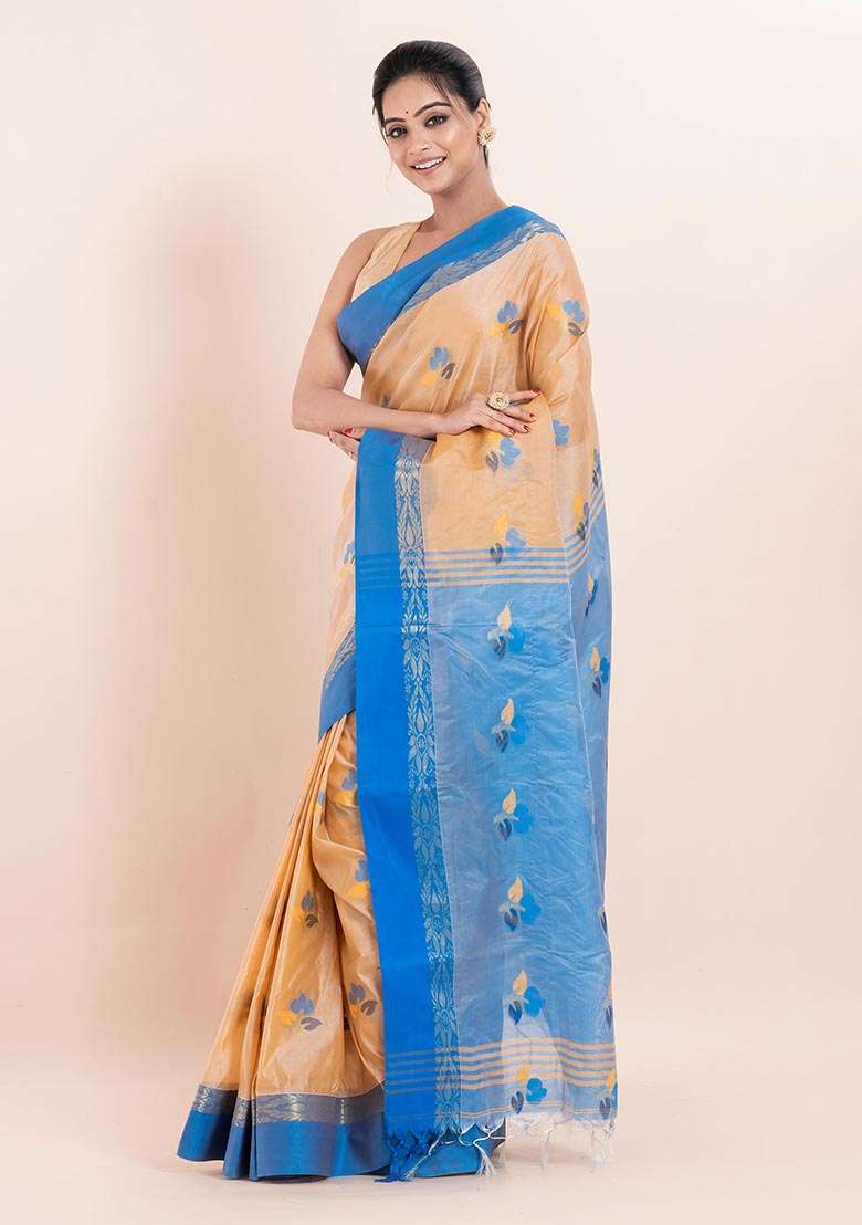 Beige Embroidered Blended Silk Saree (Without Blouse) - Indya