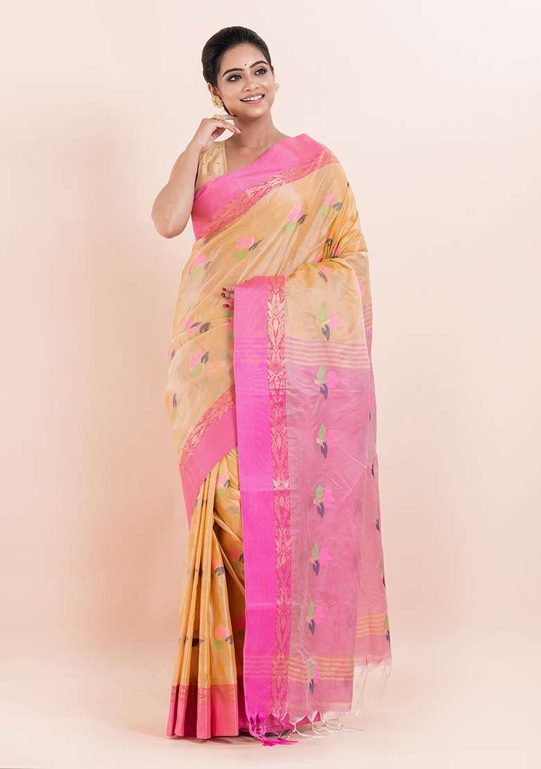Beige Embroidered Blended Silk Saree (Without Blouse) - Indya