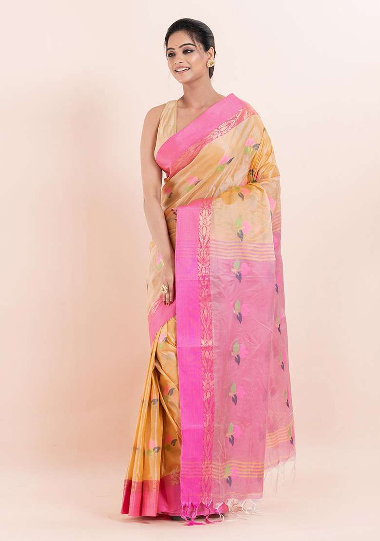 Beige Embroidered Blended Silk Saree (Without Blouse) - Indya
