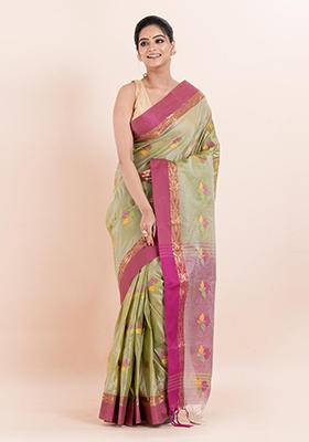 Green Embroidered Blended Silk Saree (Without Blouse)