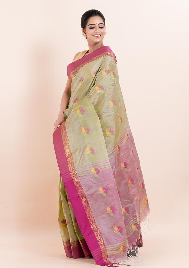 Green Embroidered Blended Silk Saree (Without Blouse)