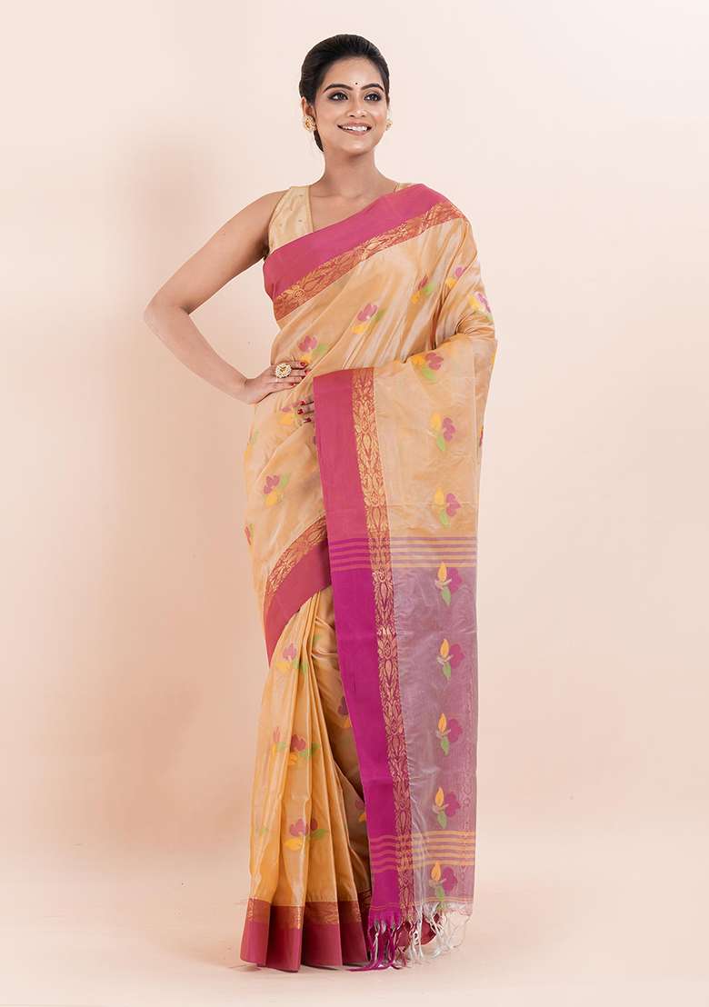 Beige Embroidered Blended Silk Saree (Without Blouse) - Indya