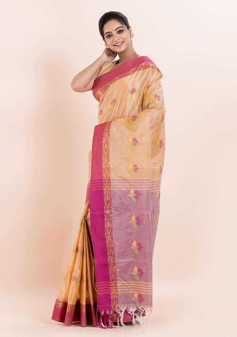 Beige Embroidered Blended Silk Saree (Without Blouse) - Indya