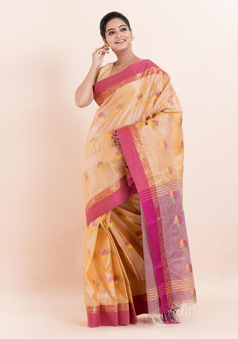 Beige Embroidered Blended Silk Saree (Without Blouse)