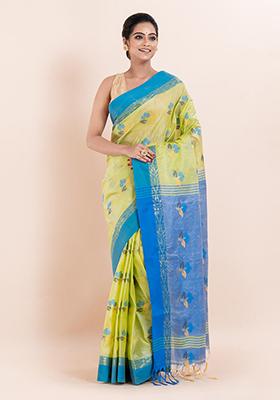 Lime Green Embroidered Blended Silk Saree (Without Blouse)