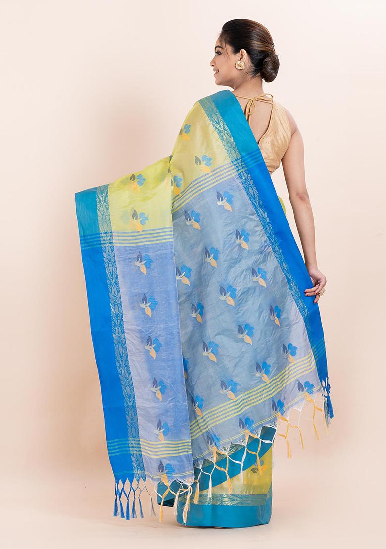 Lime Green Embroidered Blended Silk Saree (Without Blouse)