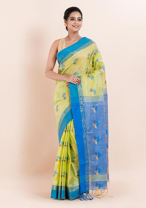 Lime Green Embroidered Blended Silk Saree (Without Blouse)