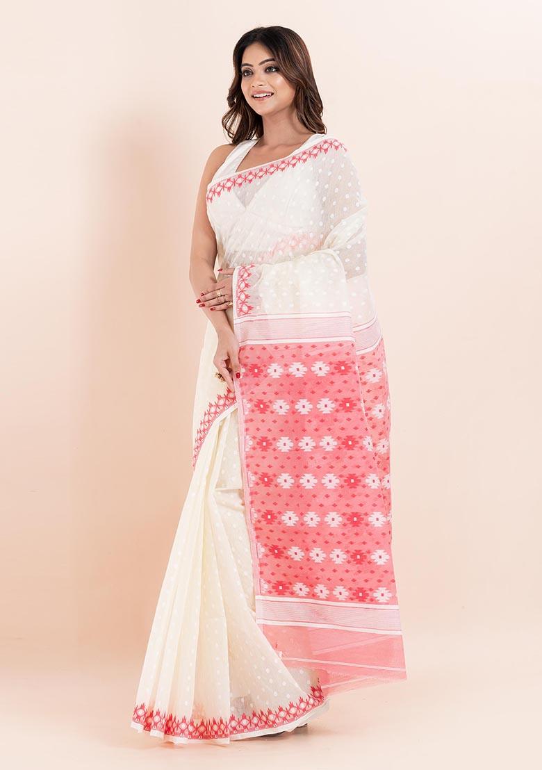 White Jamdani Cotton Saree (Without Blouse)