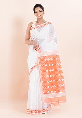 White Jamdani Cotton Saree (Without Blouse)