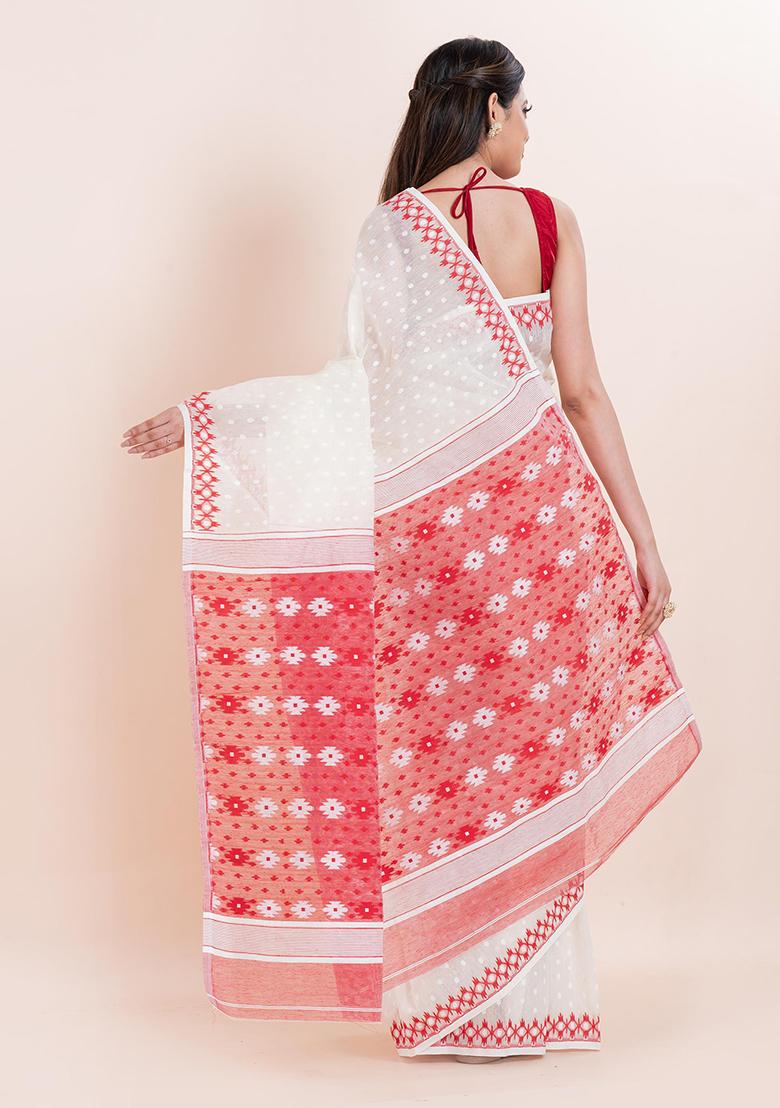 White Jamdani Cotton Saree (Without Blouse)