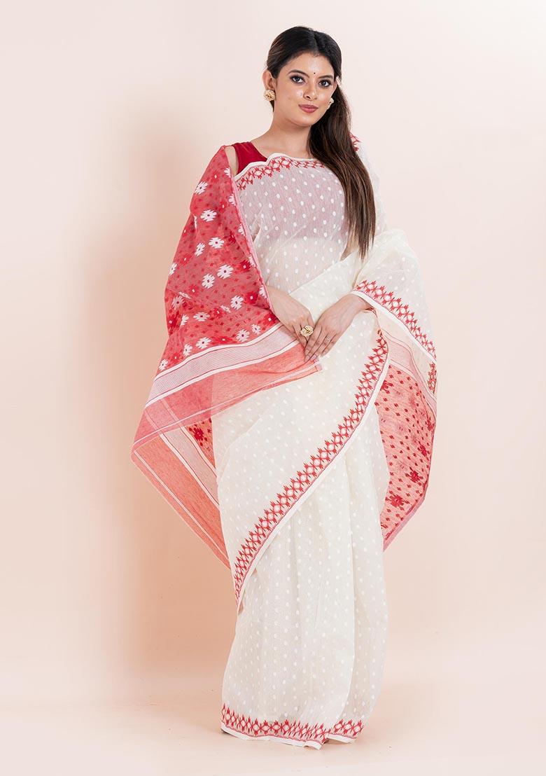 White Jamdani Cotton Saree (Without Blouse)