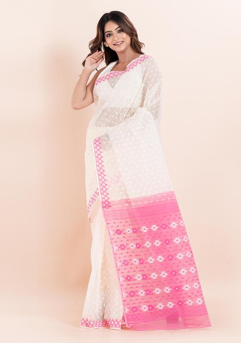 White Jamdani Cotton Saree (Without Blouse)