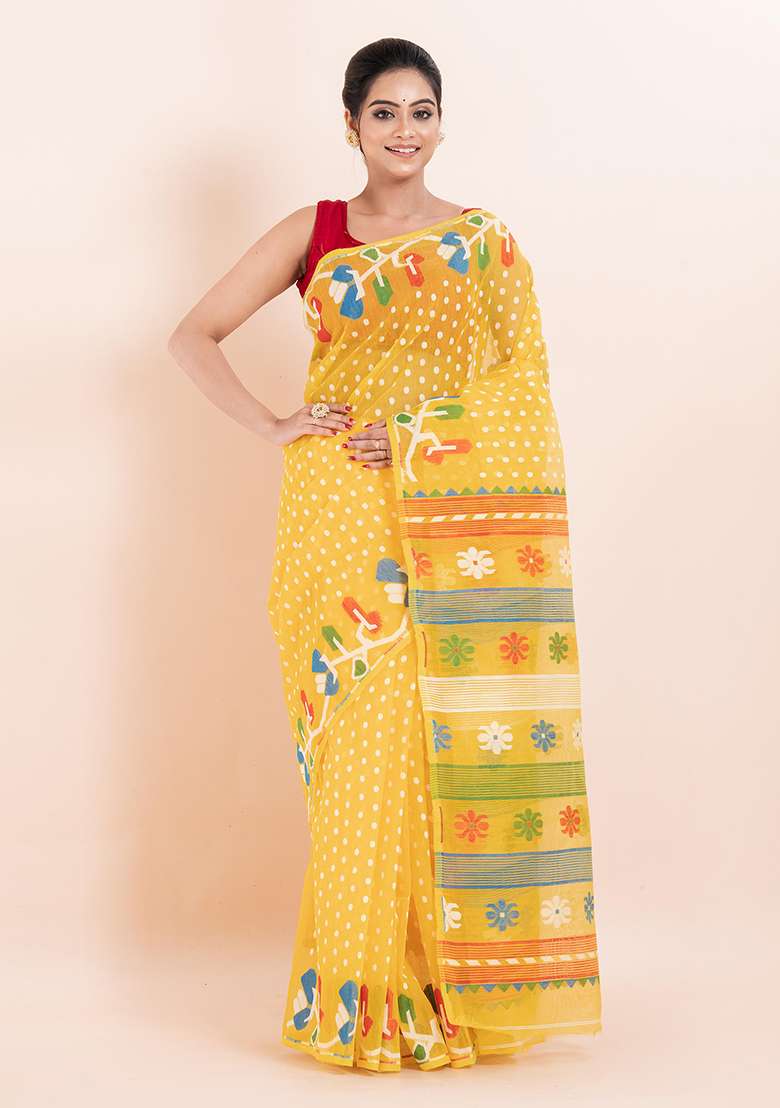 Yellow Jamdani Cotton Saree (Without Blouse) - Indya