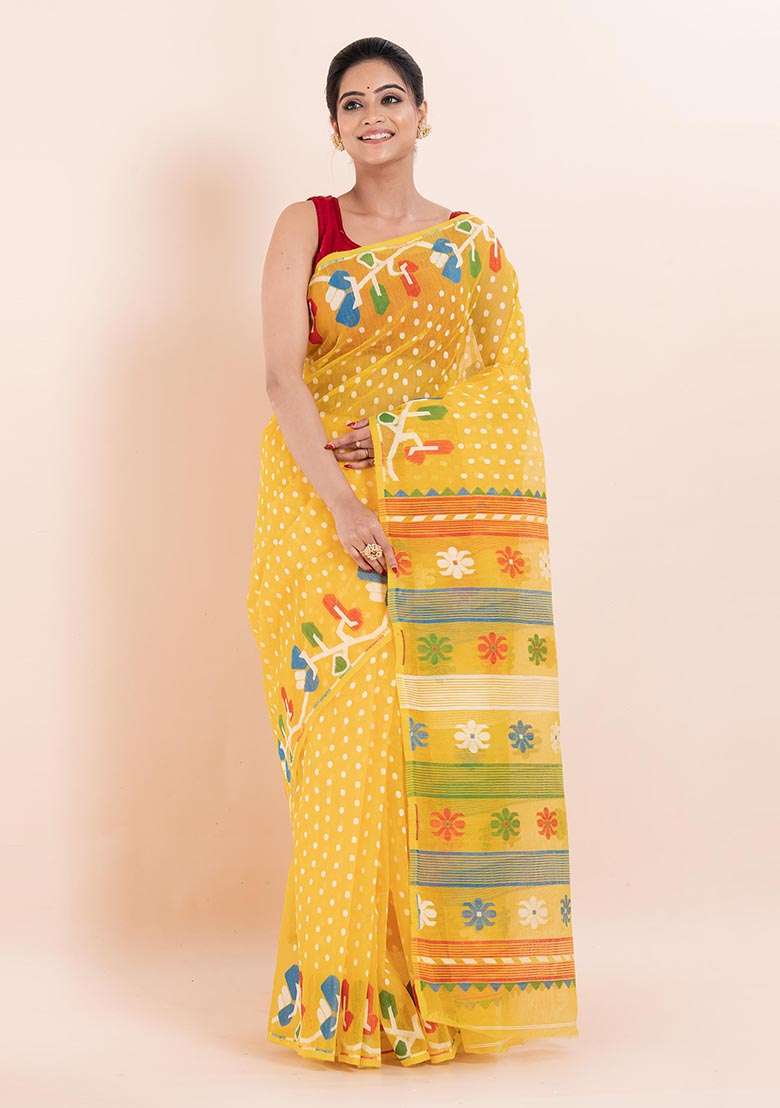 Yellow Jamdani Cotton Saree (Without Blouse) - Indya