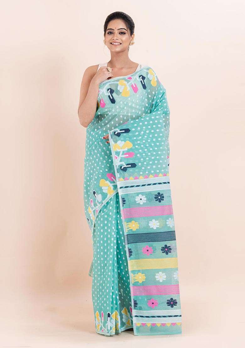 Multicolour Jamdani Cotton Saree (Without Blouse) - Indya