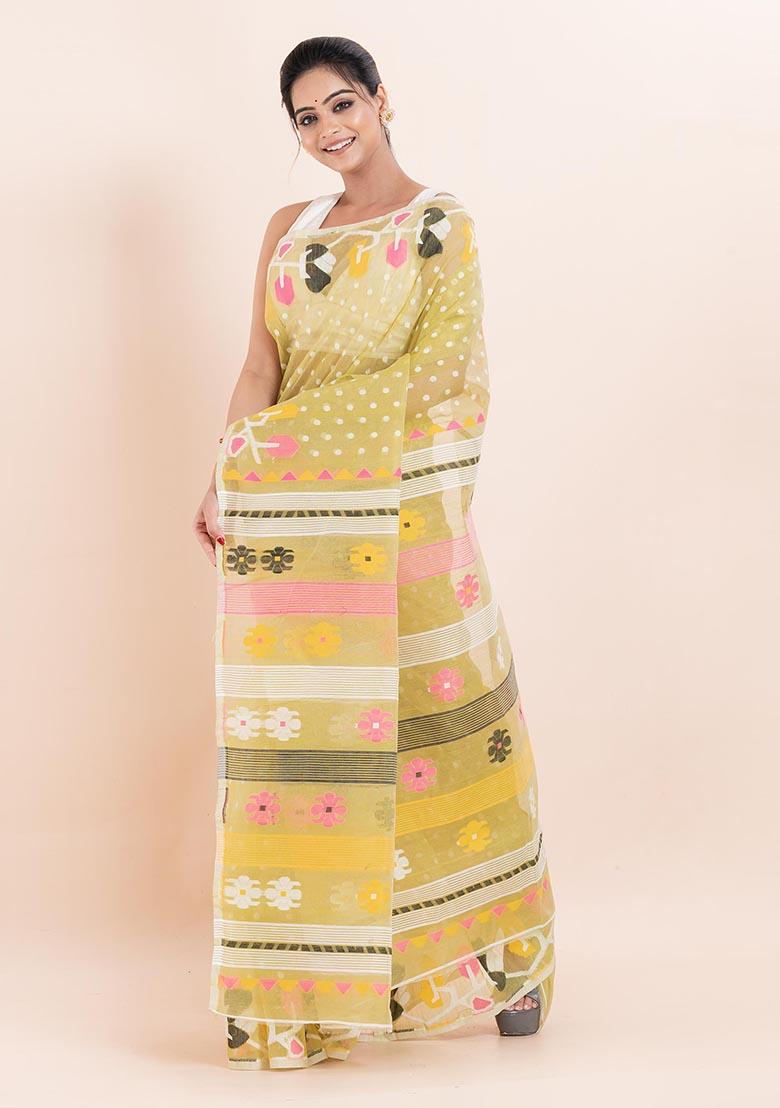 Sea Green Jamdani Cotton Saree (Without Blouse)