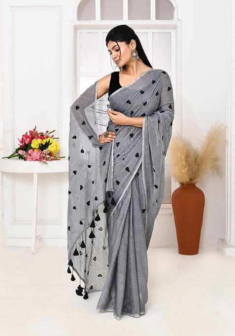 Grey Embroidered Cotton Saree