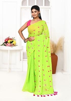 Lemon Green Embroidered Cotton Saree
